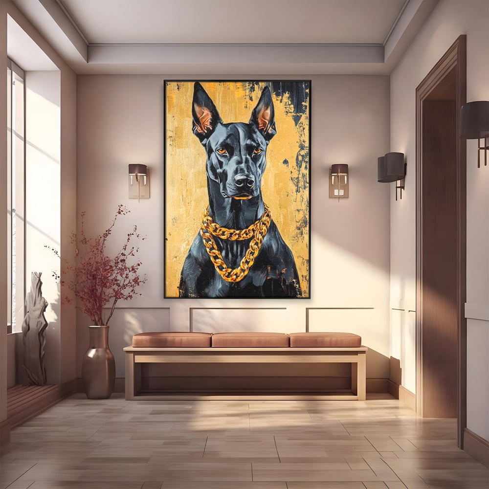 Tablou canvas cu tablou canvas cu doberman negru, in rama de aluminiu negru